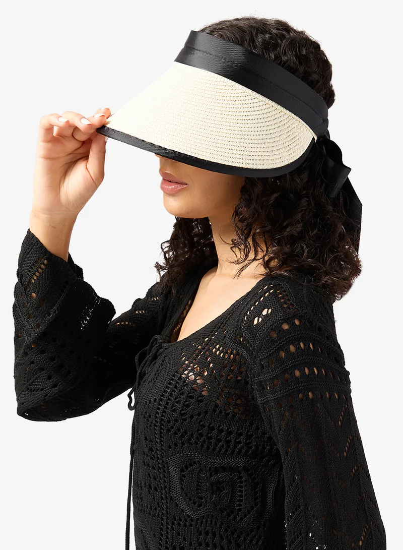 Ginger White Raffia Material Visor Cap With Ribbon Tie Detail for Women | Best Price UAE